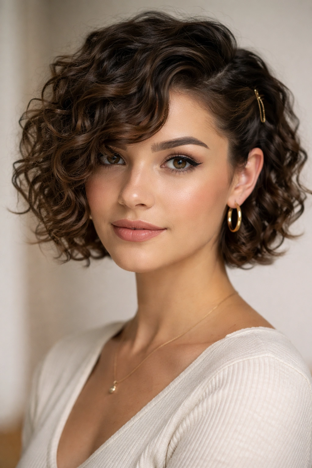Asymmetrical curly hairstyle with pinned-back side