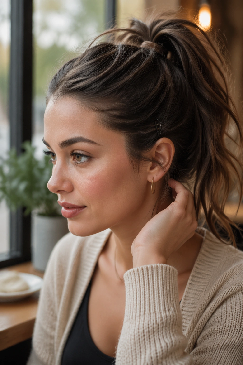 Close-up of a real person showing pinned-back sides high ponytail with cross pins forming an X.