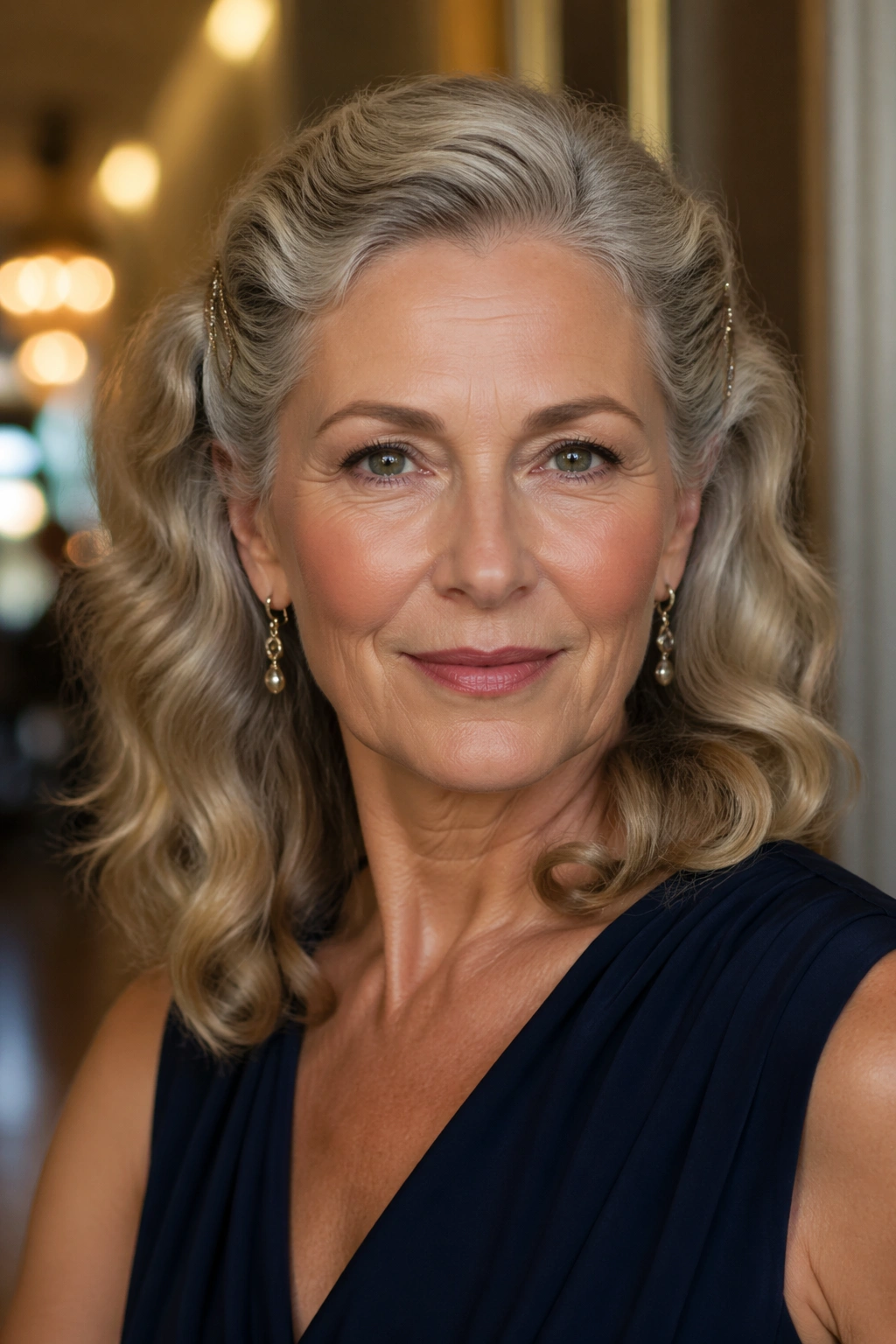 Portrait of a real woman with pinned-back waves for a dressy look in an elegant setting.