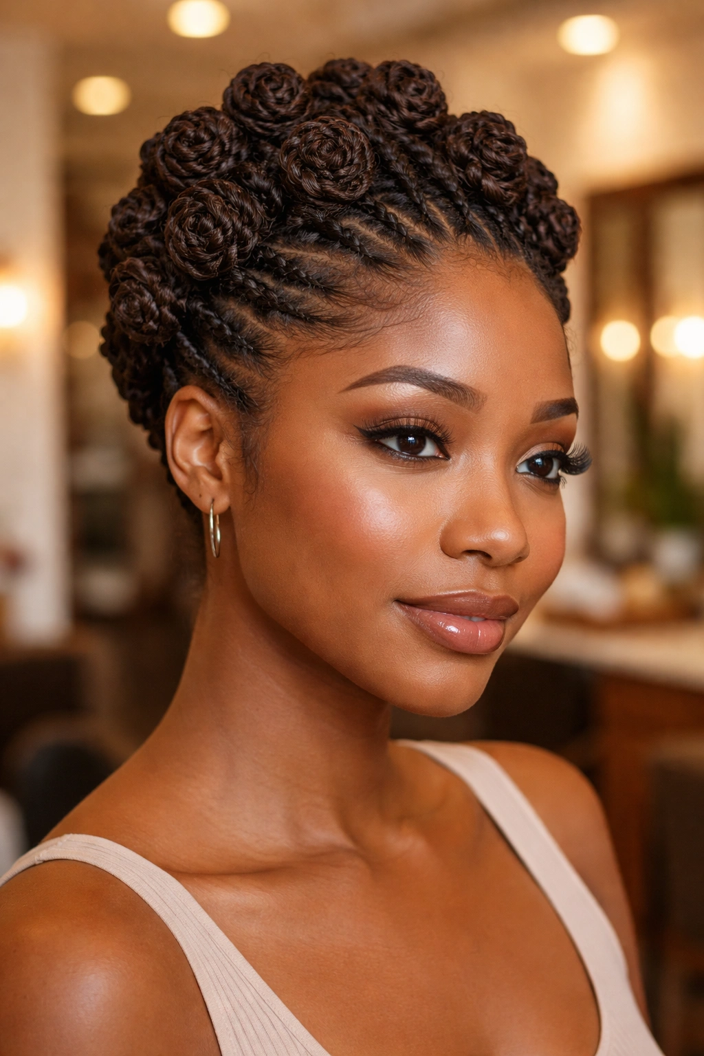 Close-up portrait of a real person with pinned coil rosettes across the scalp