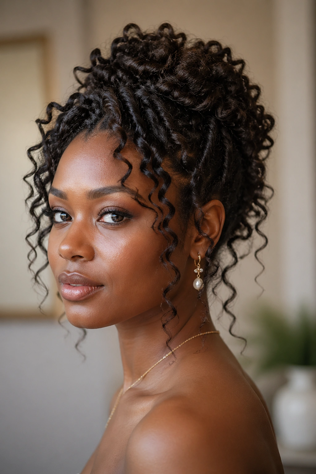 Real woman with pinned curl clusters prom hairstyle