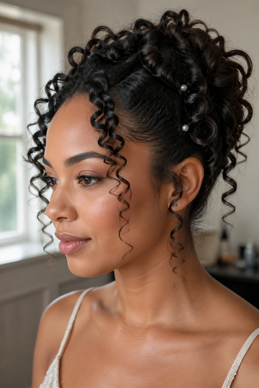 Close-up of a real woman with pinned curl clusters near the temples in a bridal prep room