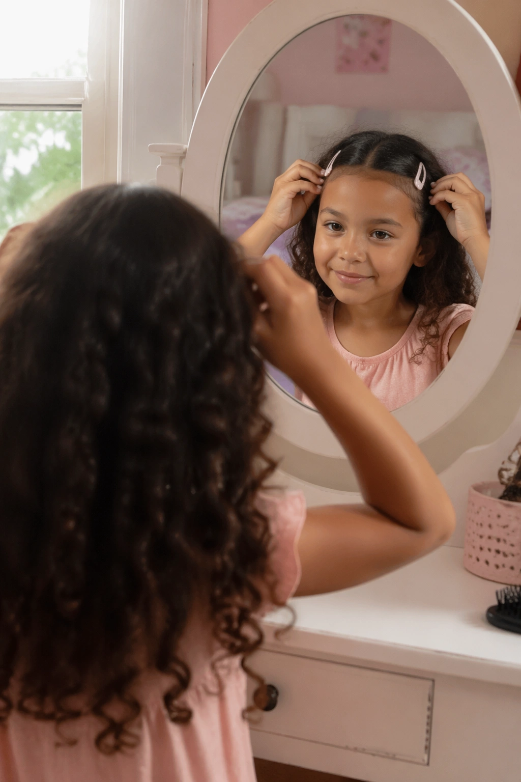 Pinned-back front curls with two clips in a softly lit bedroom.