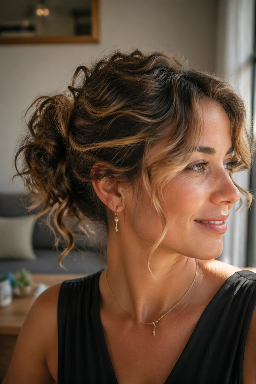 Close-up of a real woman with pinned curls forming a loose ponytail for short layers