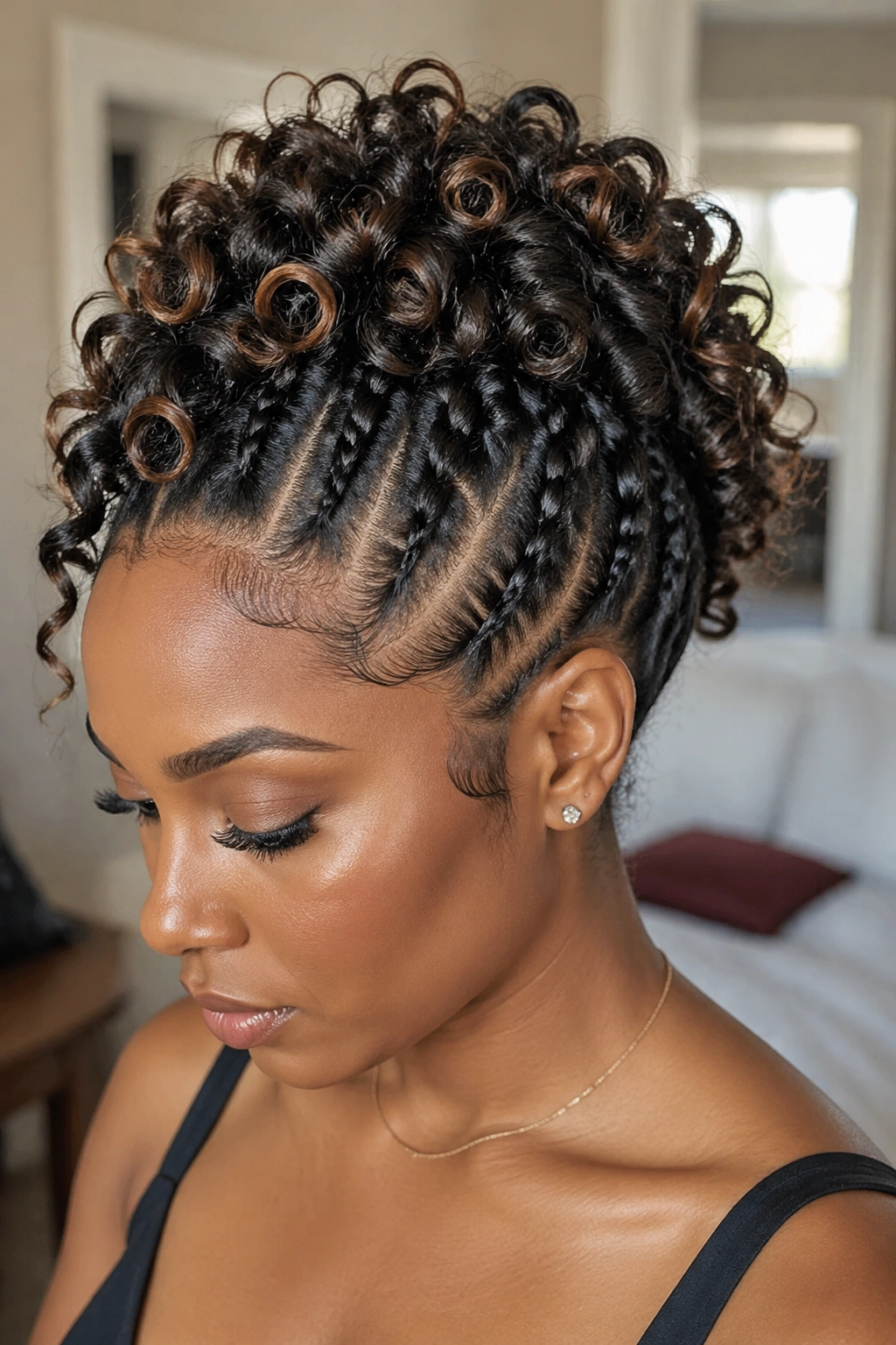Close-up portrait of a woman wearing a pinned goddess updo with pinned curls