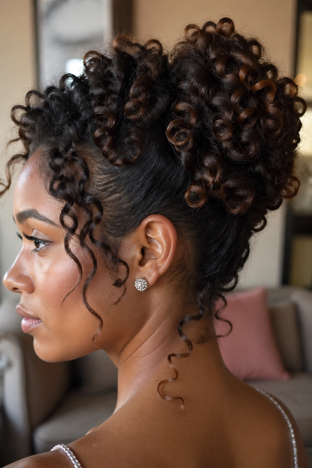 Close-up of a real woman with pinned curl cluster updo, curls pinned near crown