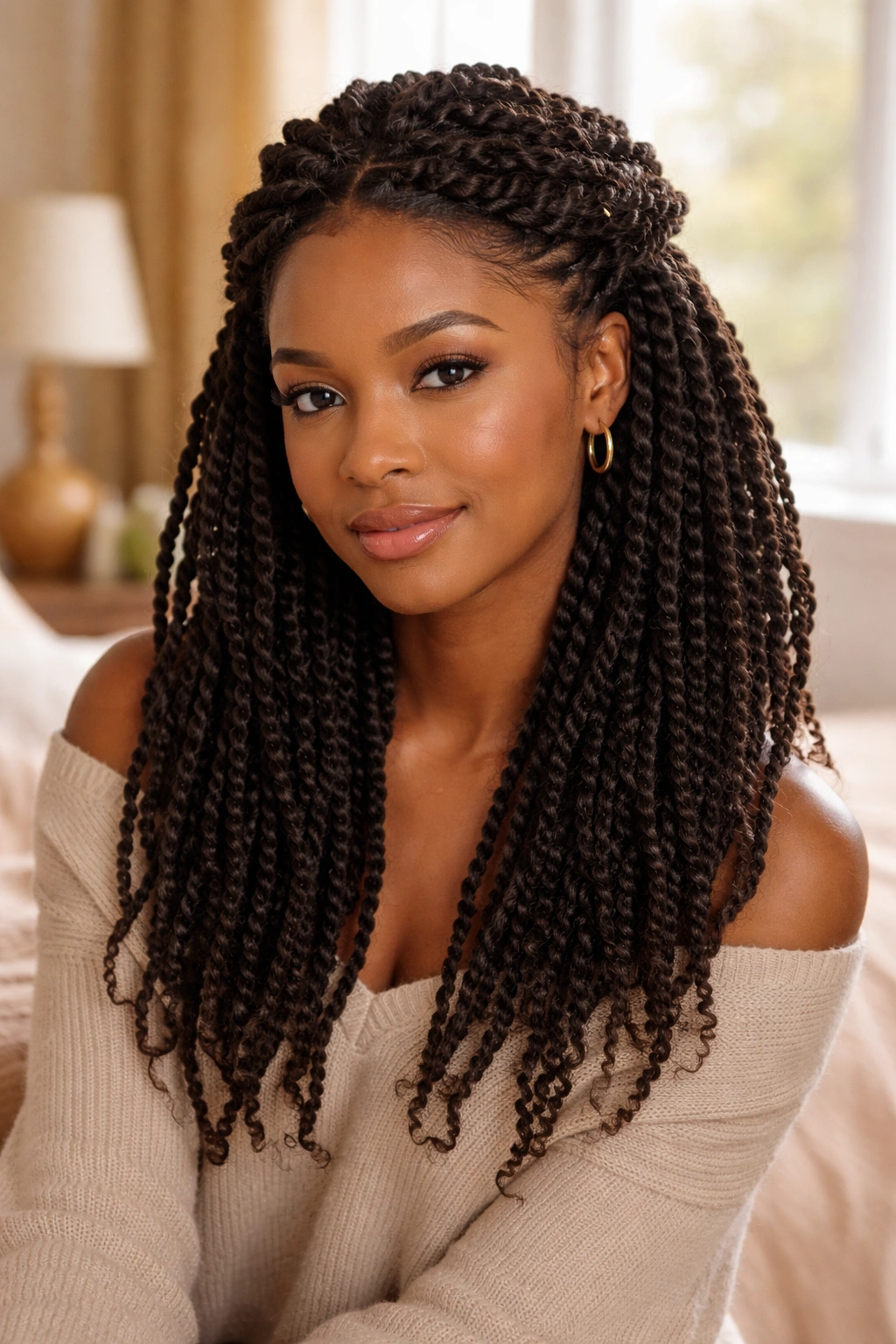 Close-up of a real woman with a pinned half-up twist style.