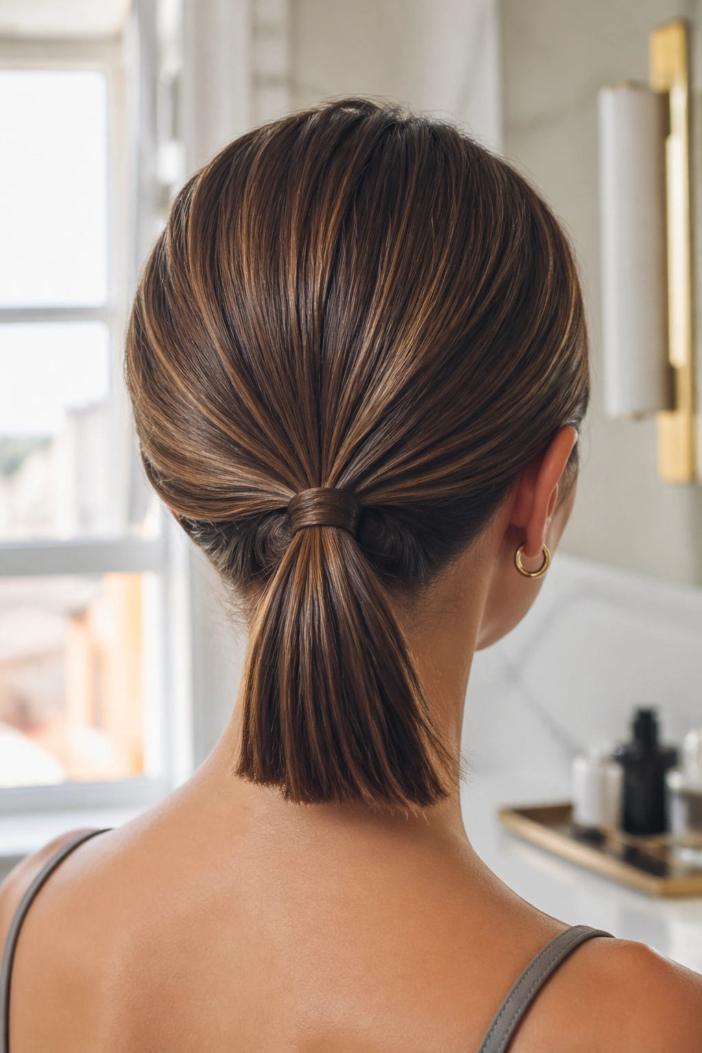 Back view of real woman with shortest layers tucked under a low ponytail with pins.