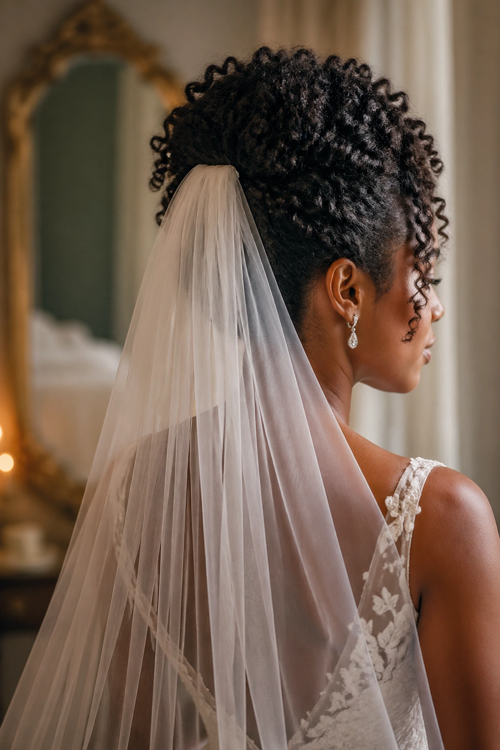 Bride with pinned curly updo and cascading waterfall veil