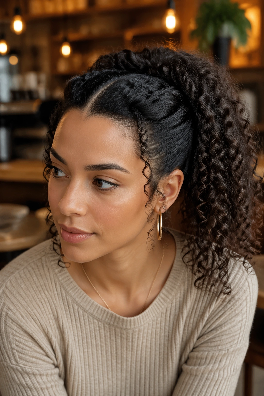 Portrait of a woman with Pinned-Back V Part Ponytail showing pinned temples and visible V part