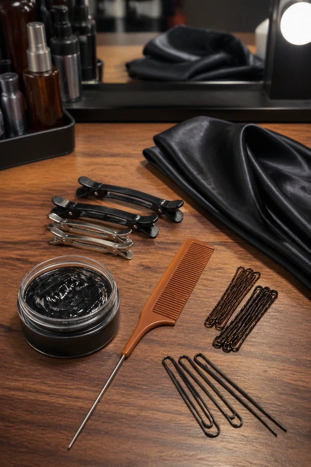 Close-up tools for stitch cornrows: pintail comb, clips, edge gel, pins, satin scarf