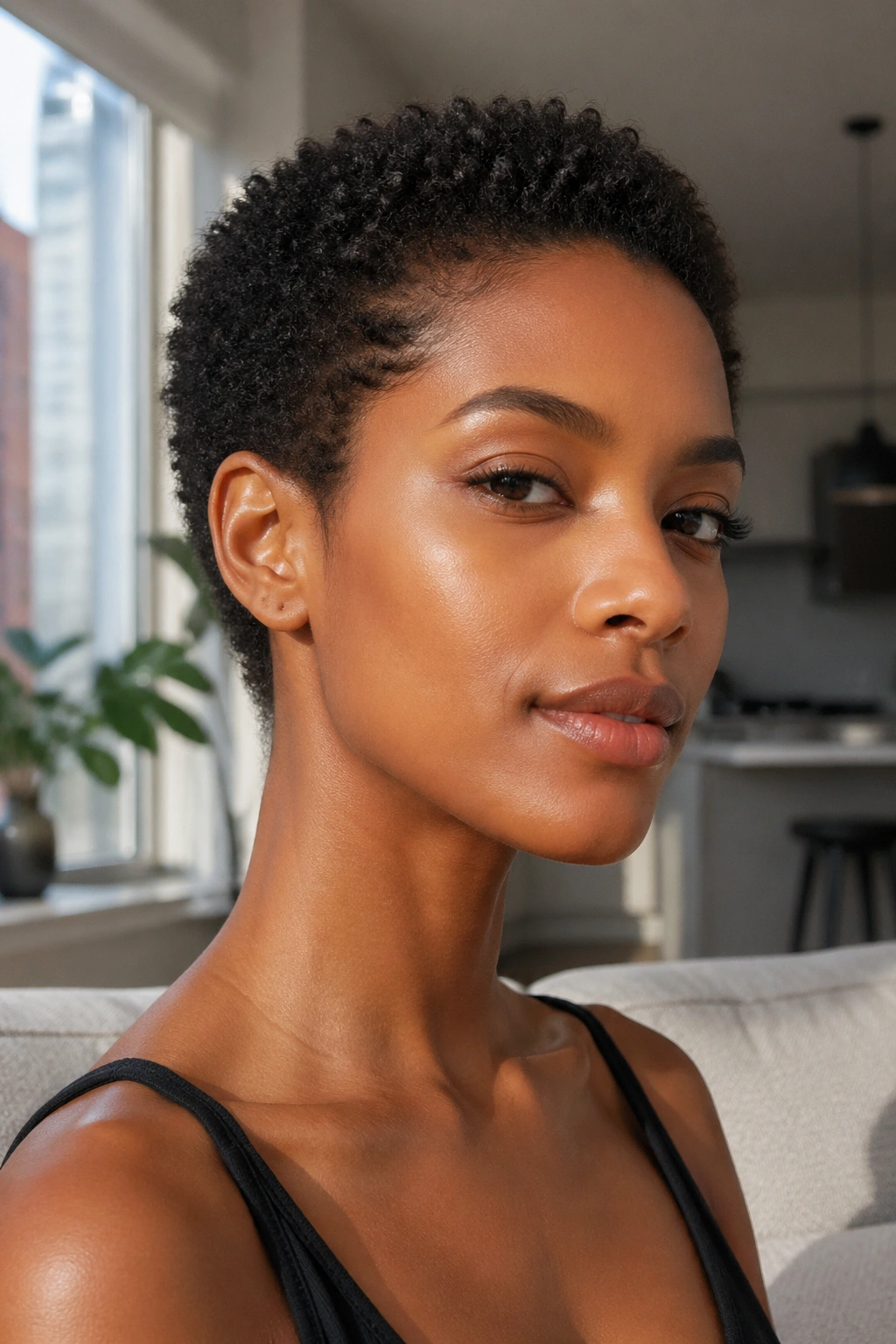 Close-up portrait of a real woman with a 1.5-2 inch pixie afro