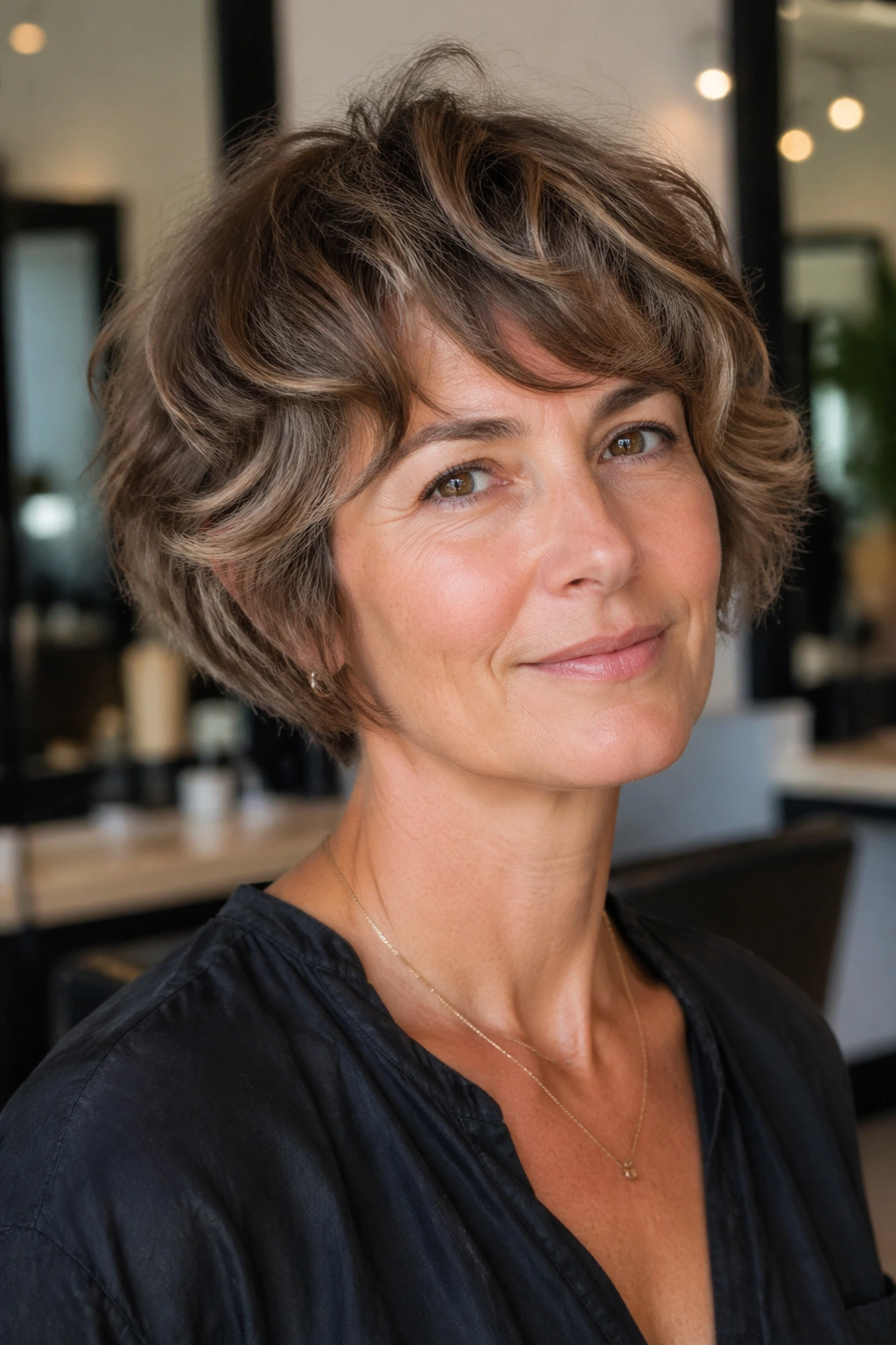 Close-up of a real woman with a pixie bob hybrid showing jawline length and wave
