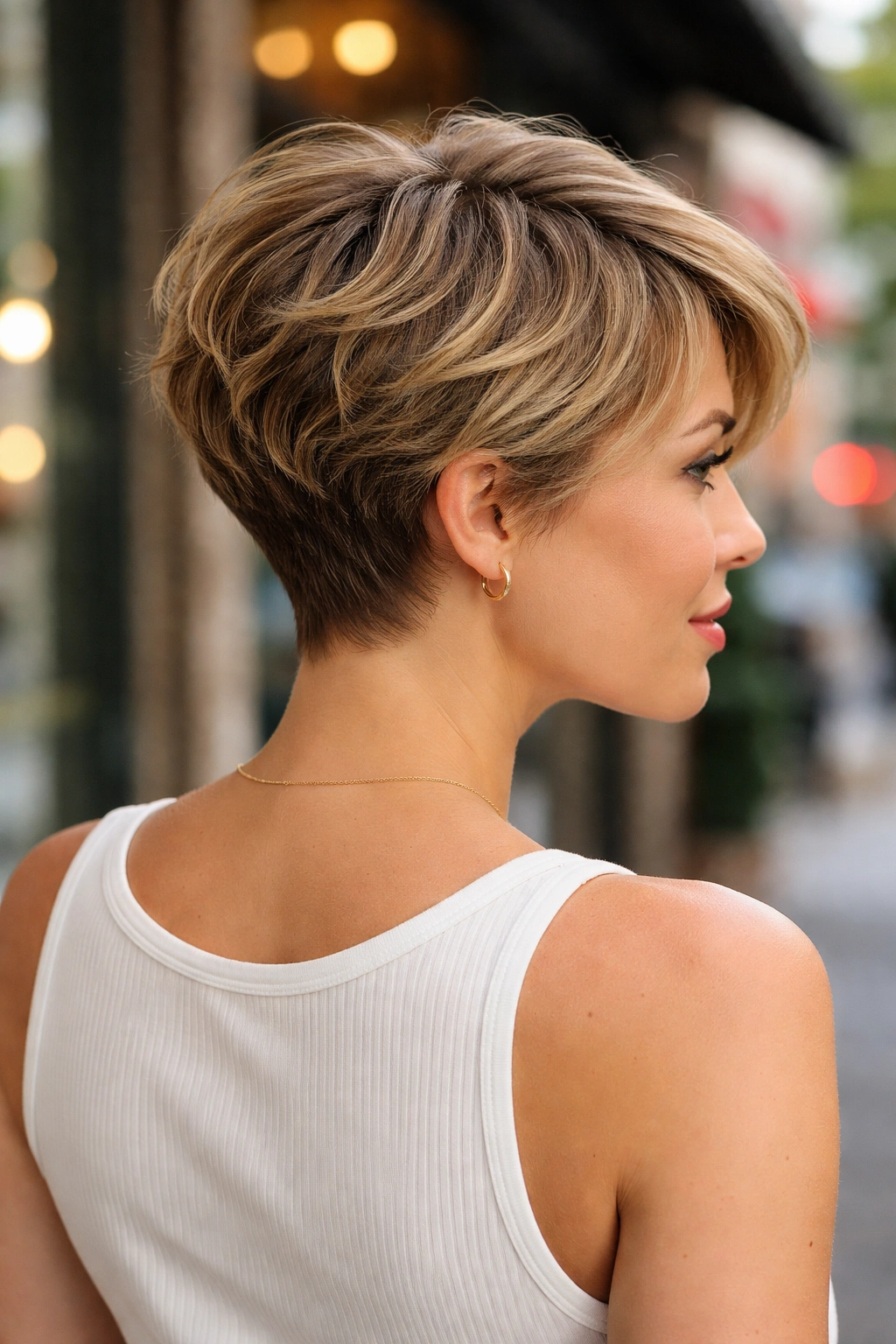 Close-up portrait of a real person with pixie-bob and tapered nape