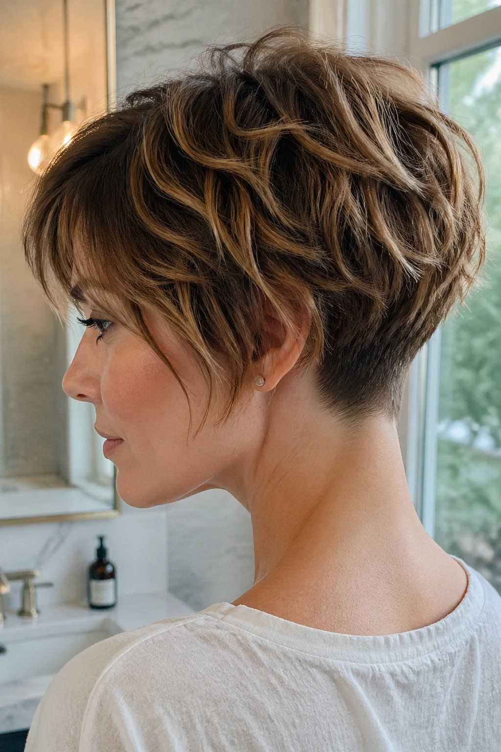 Real person portrait with textured pixie bob and tapered nape