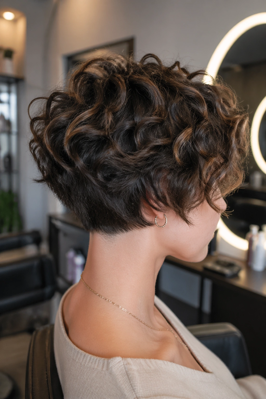 Close-up of Textured Pixie Bob curls at the nape in a salon.