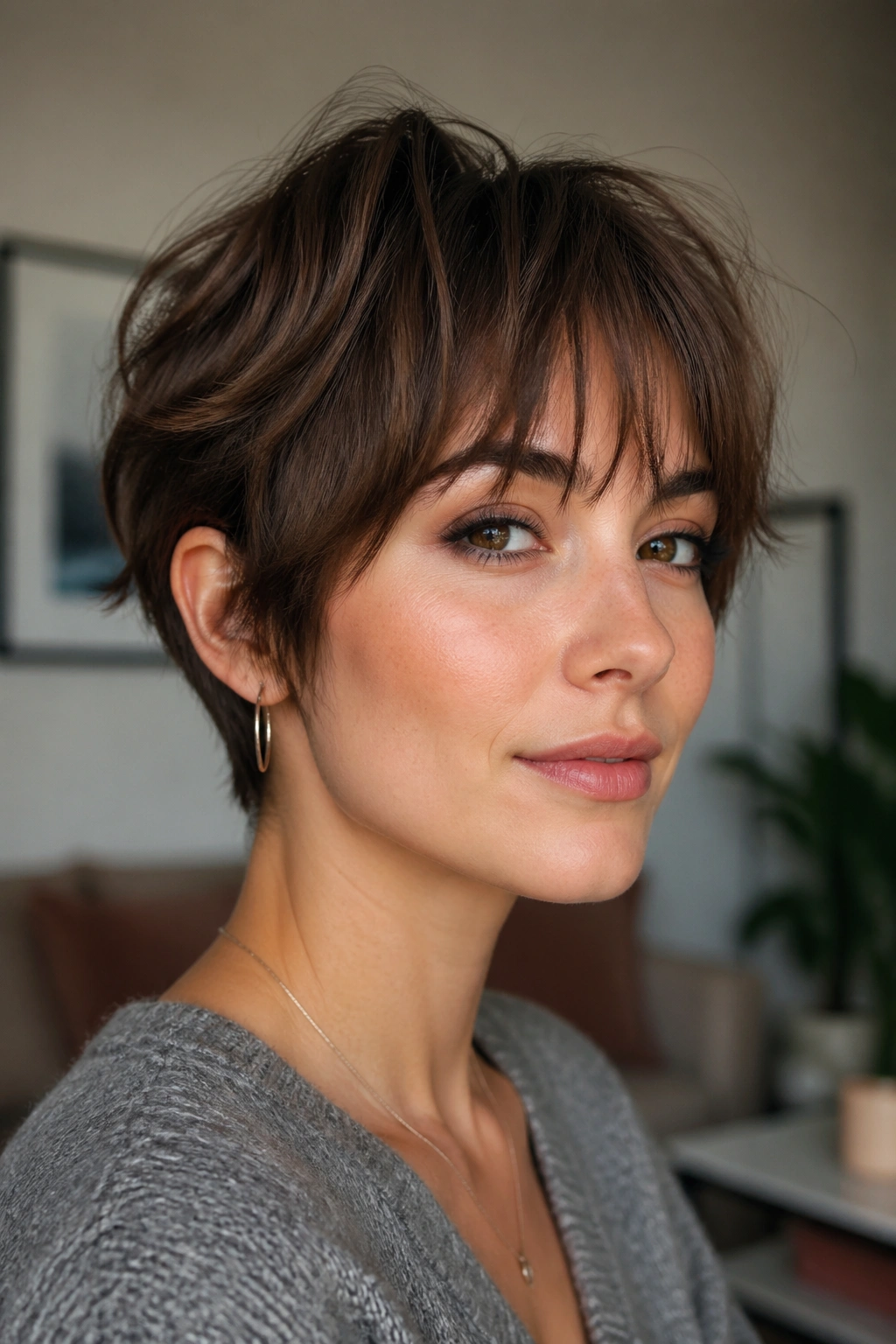 Close-up portrait of a real woman with a textured pixie bob and wispy fringe in a cozy living room