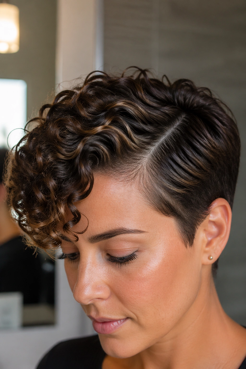Side-parted curly pixie close-up in bathroom light