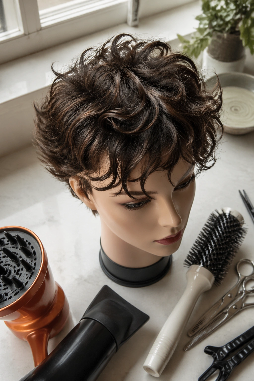 Overhead flat-lay of a pixie cut with piecey ends and styling tools.