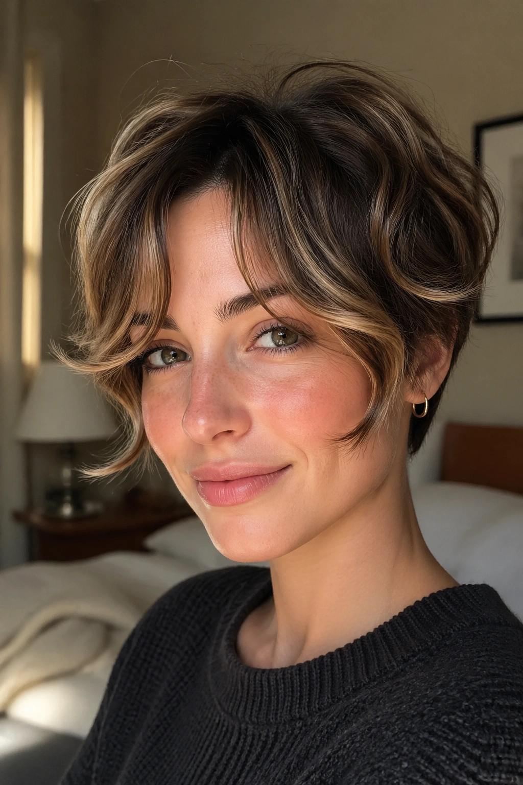Close-up of a real woman with grown-out pixie and curtain fringe, soft wave framing the cheeks.