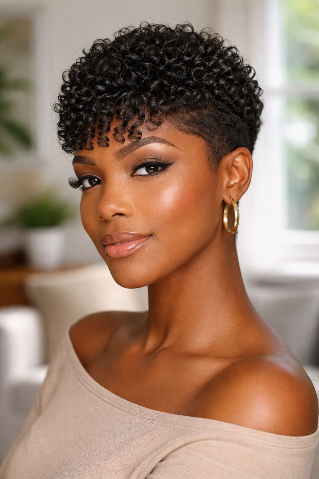 Portrait of a woman with a short pixie cut and defined fringe created by a flexi rod set.