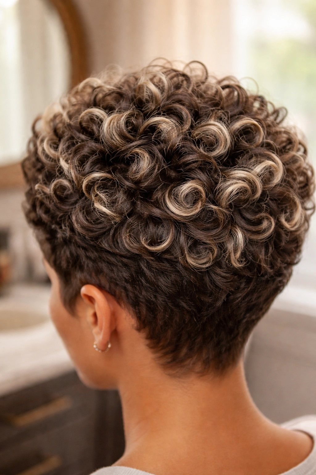 Close-up frosted tips on a short curly pixie