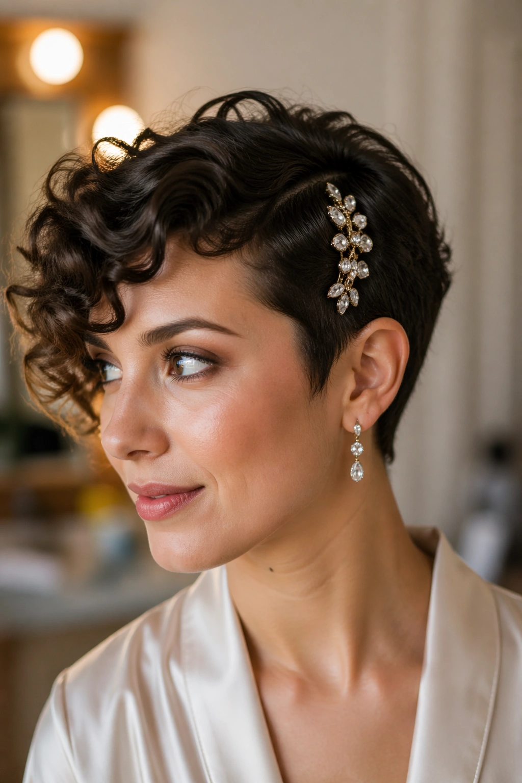 Close-up of a real woman with side-swept pixie and a bold barrette in a bridal suite