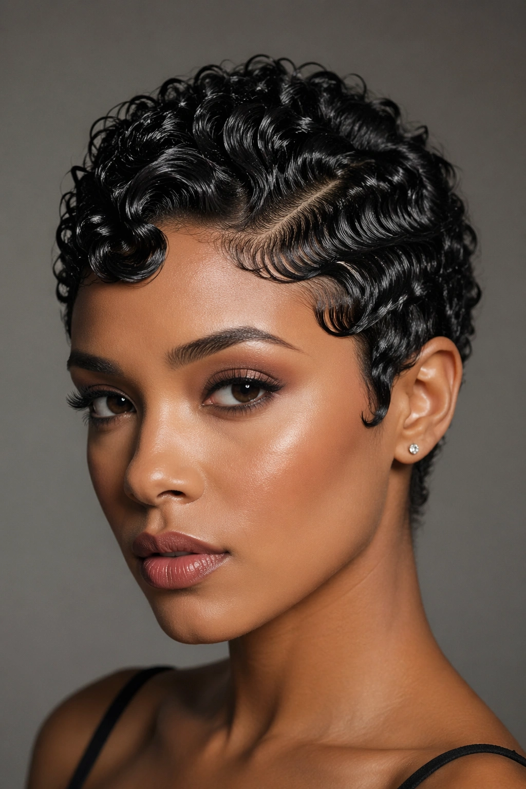 Close-up of a short curly pixie with a sculpted finger wave at the hairline