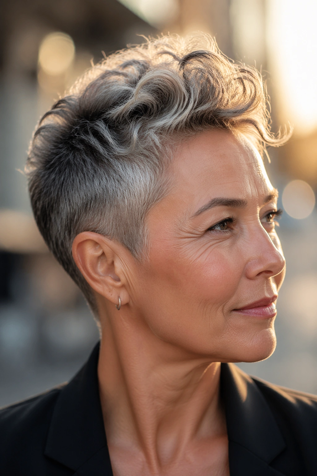 Close-up portrait of a real woman with a pixie cut and a wavy top ridge (mohawk style)