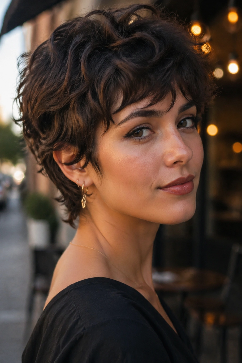Close-up portrait of a real woman with a pixie shag hairstyle