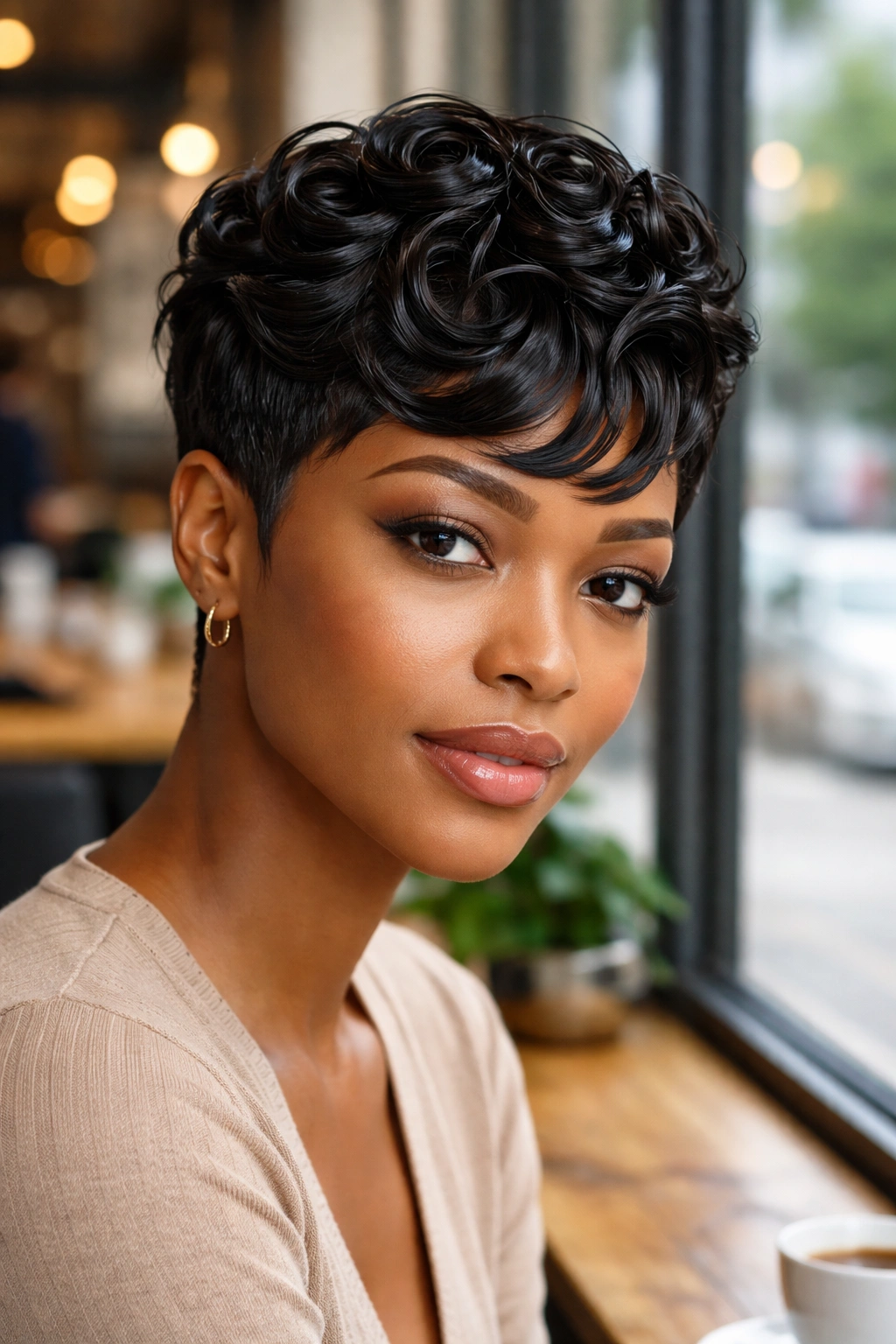 Real woman with pixie cut featuring sculpted curls on the crown