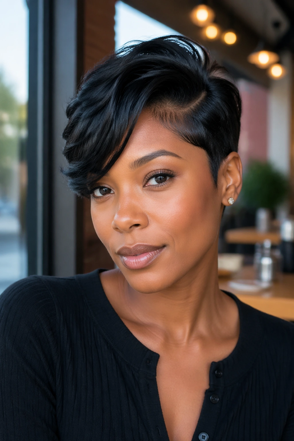 Close-up portrait of a real woman with a side-swept pixie swoop tucked ends near the temple
