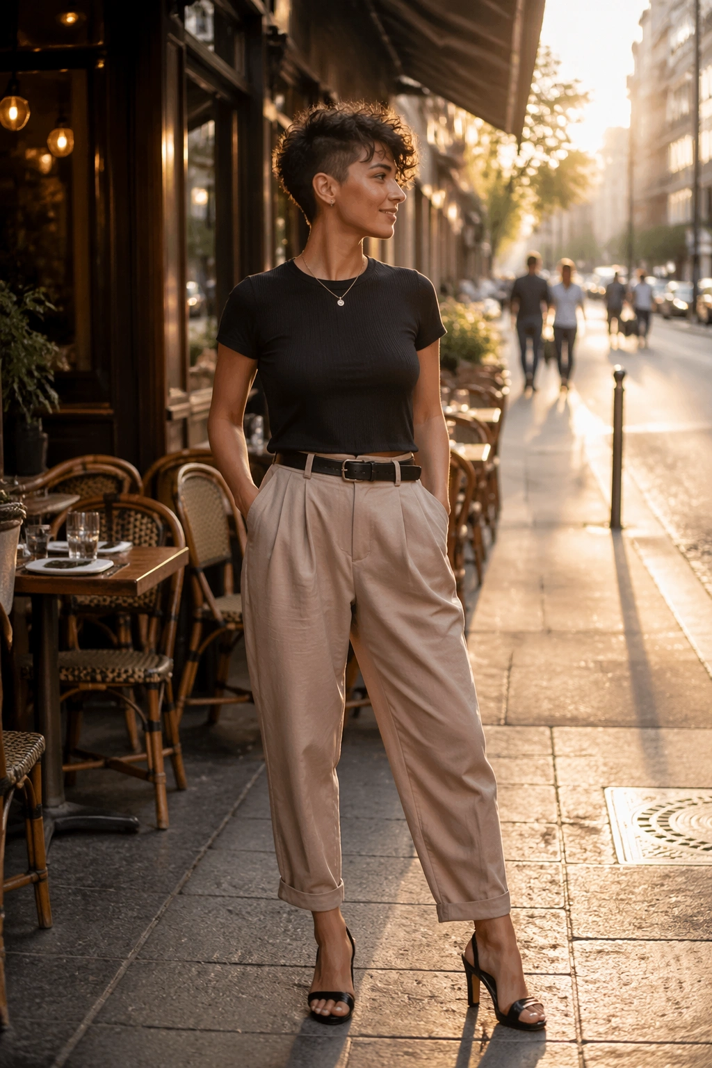 Curly pixie with long top in urban setting