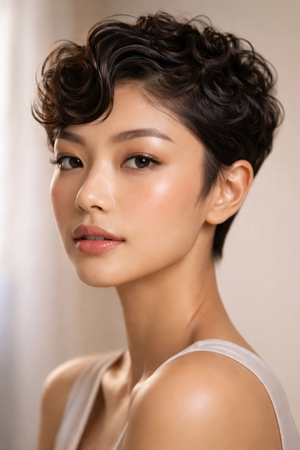 Close-up portrait of a pixie-cut hairstyle with finger waves and curled crown