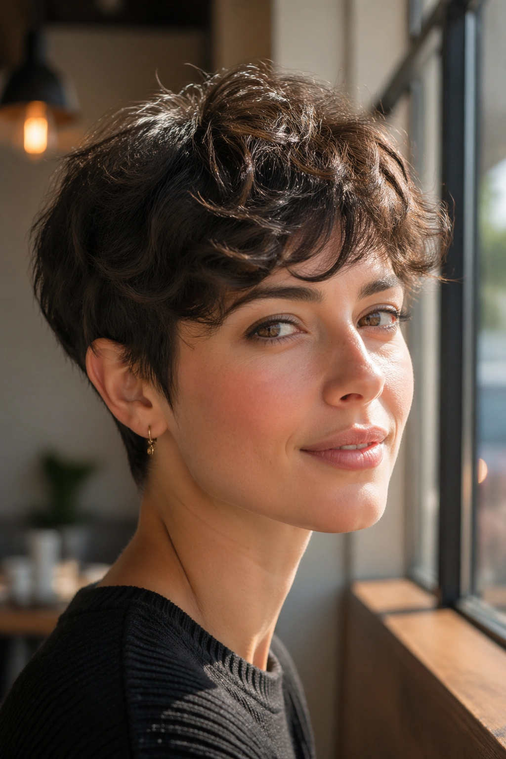 Portrait of a real person with a pixie-wavy hairstyle showing textured waves on top