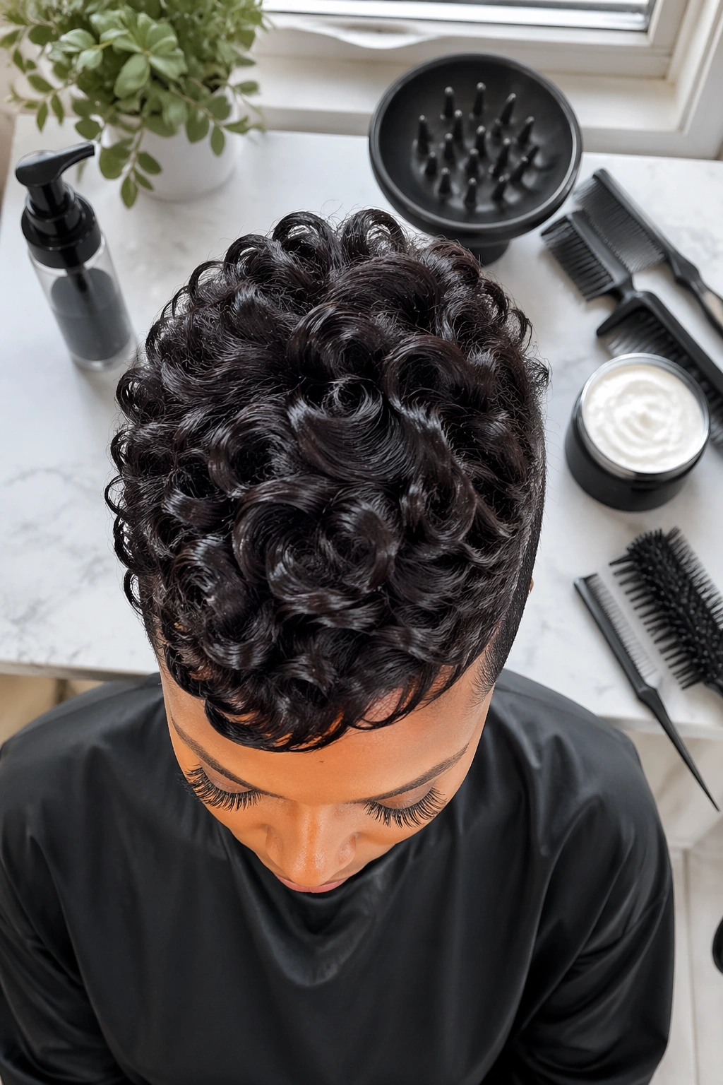 Tapered curly pixie quick weave with crown lift