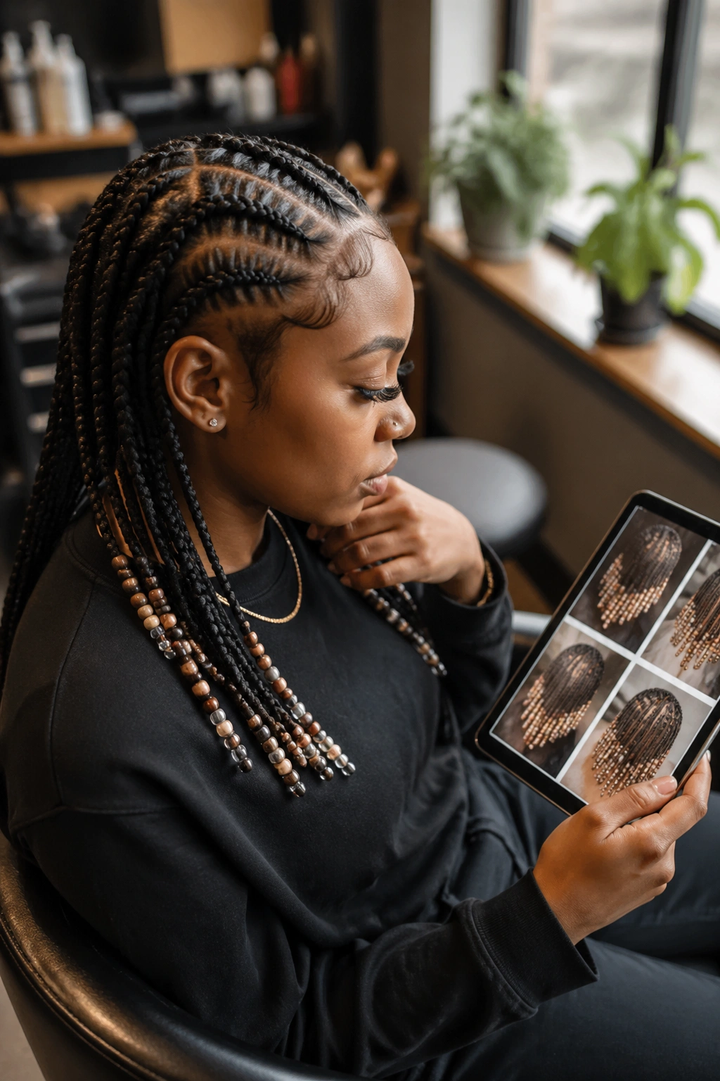 Portrait of a real person in a salon chair planning bead styles, mood board visible in the background