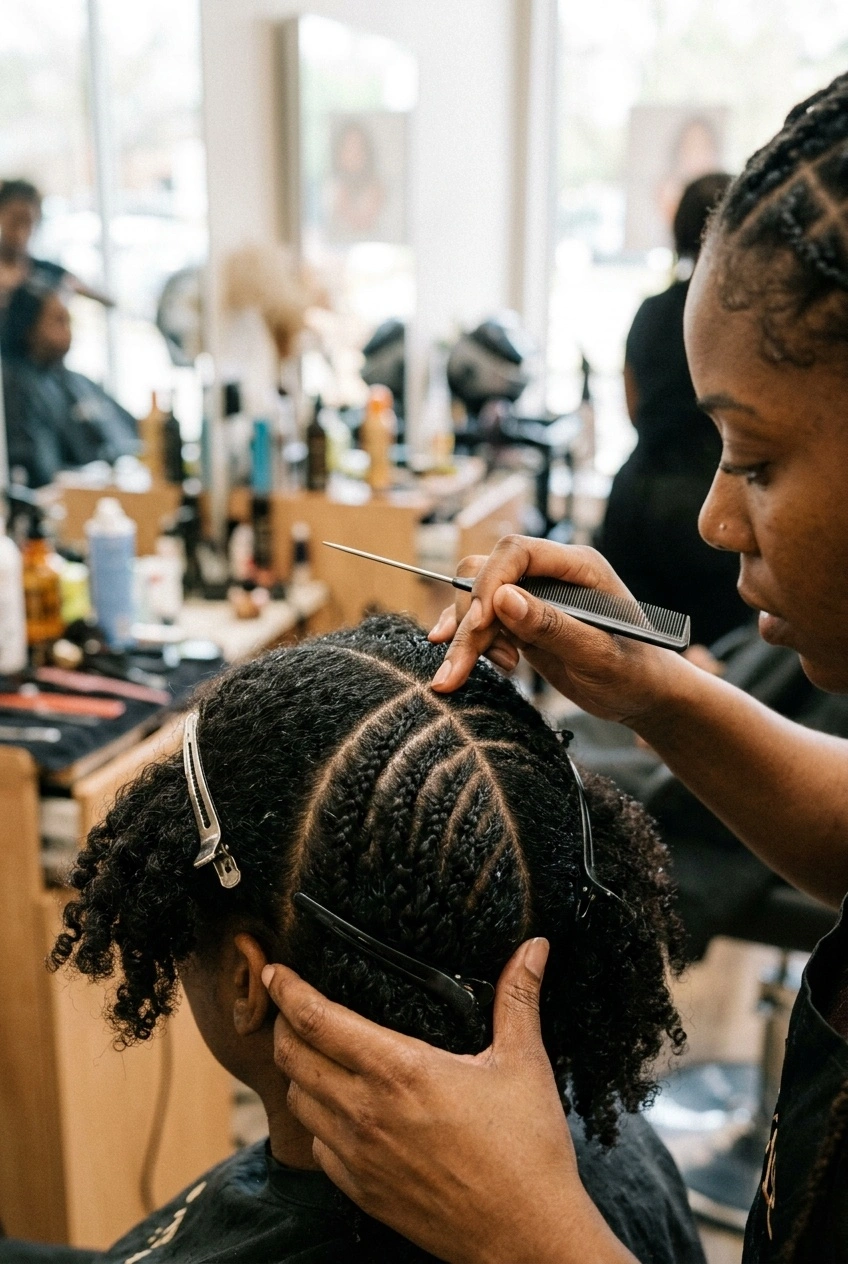 Close-up of scalp partings mapped for cornrow installation