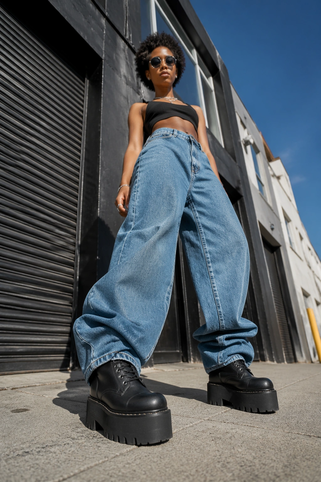 Person wearing platform boots and oversized denim on urban sidewalk
