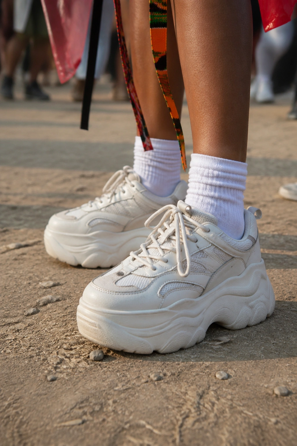 Close-up of feet in chunky platform sneakers outdoors