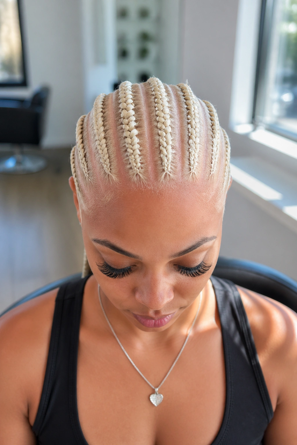 Close-up of platinum 60 stitch cornrows on a real person.