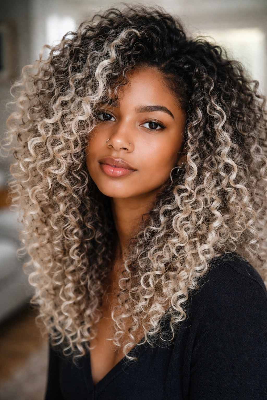 Close-up portrait of a woman with platinum balayage on natural curls