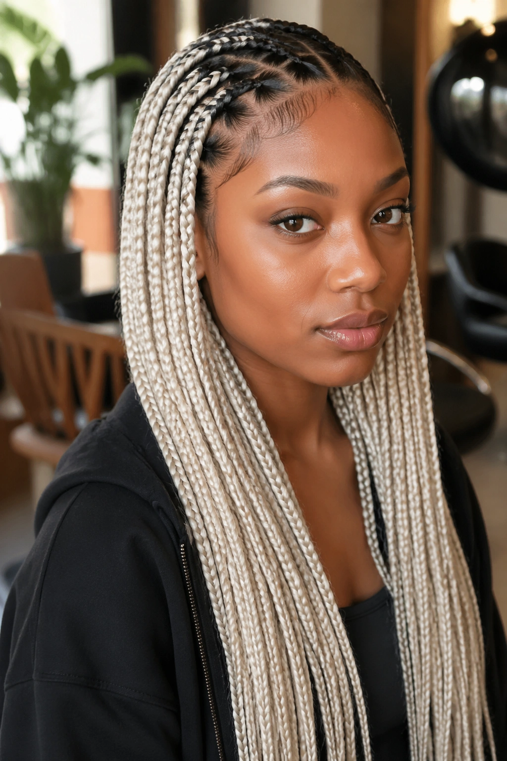 Close-up portrait of a real woman with platinum blonde braids and dark roots under warm salon lighting.