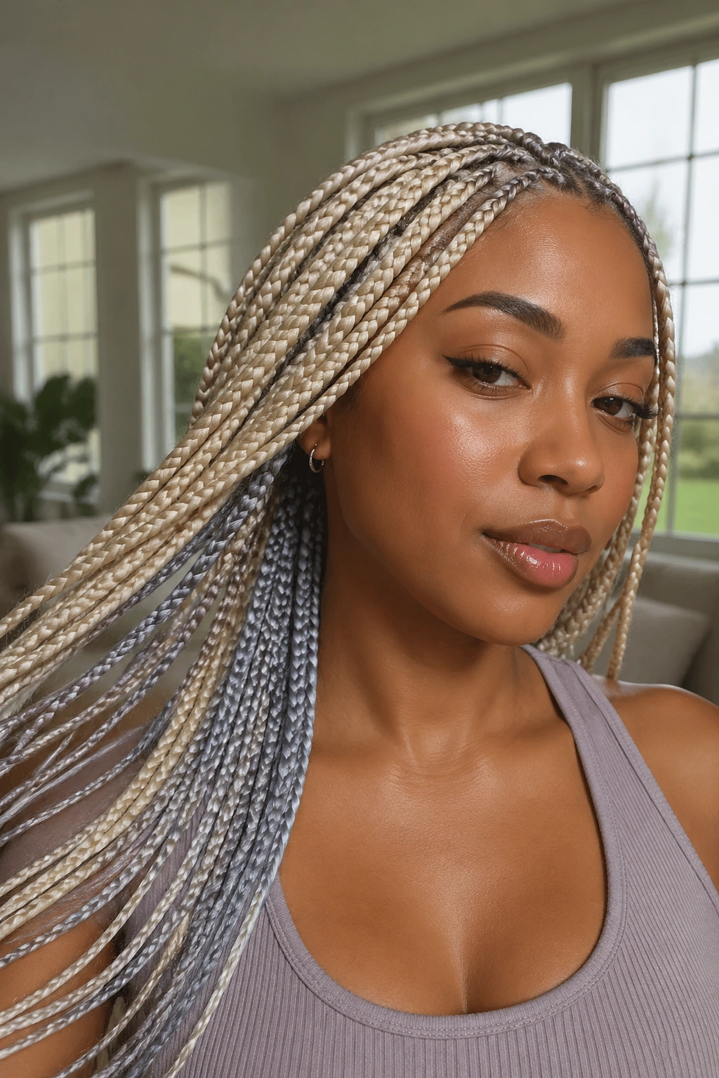 Close-up of platinum blonde braids with dove grey underlayers