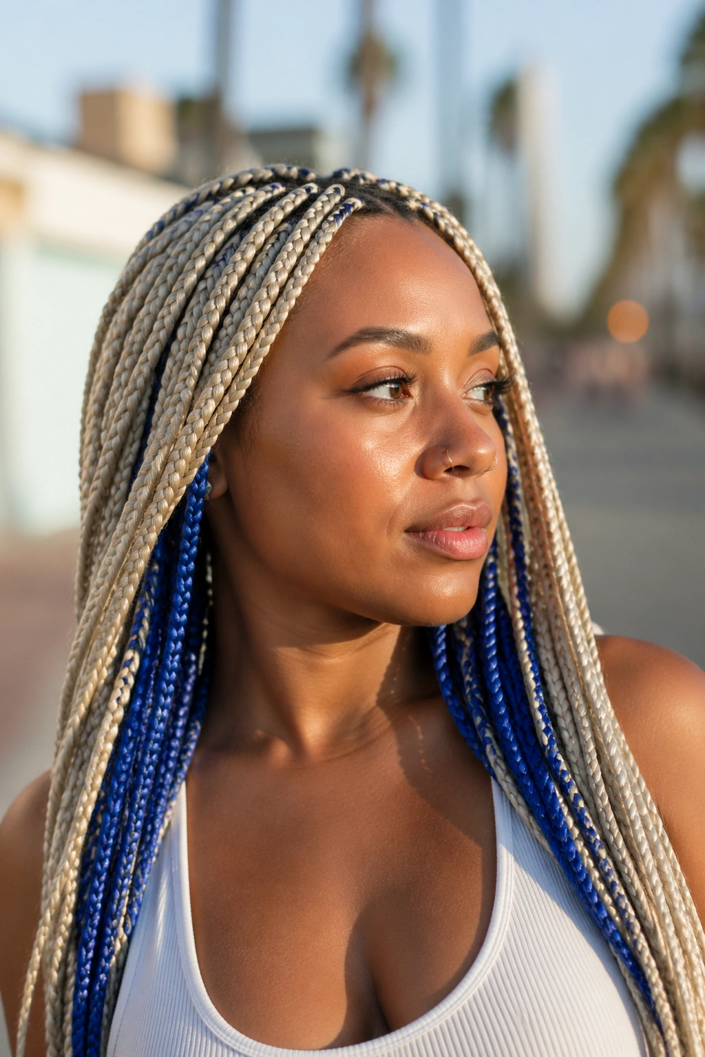 Close-up of platinum blonde box braids with cobalt underlayers visible as hair moves.