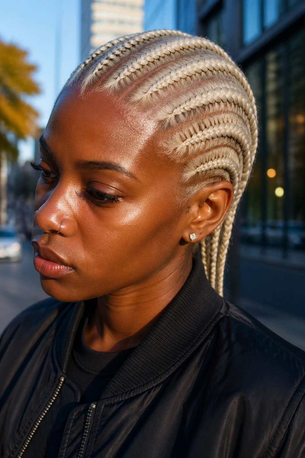 Close-up of a real person with eight icy platinum cornrows from hairline to nape