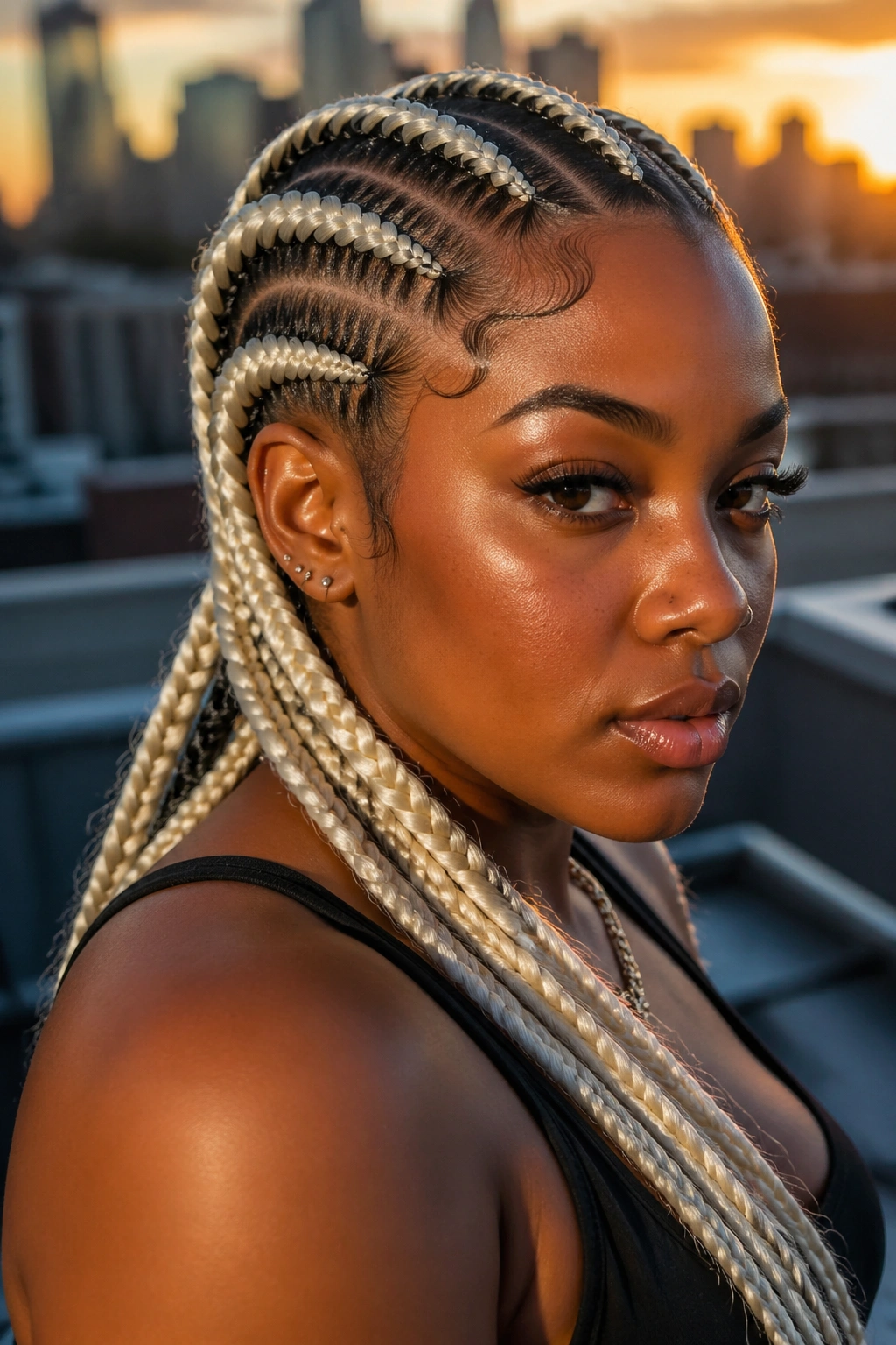 Close-up of real woman with platinum blonde cornrow feed-ins on black hair.
