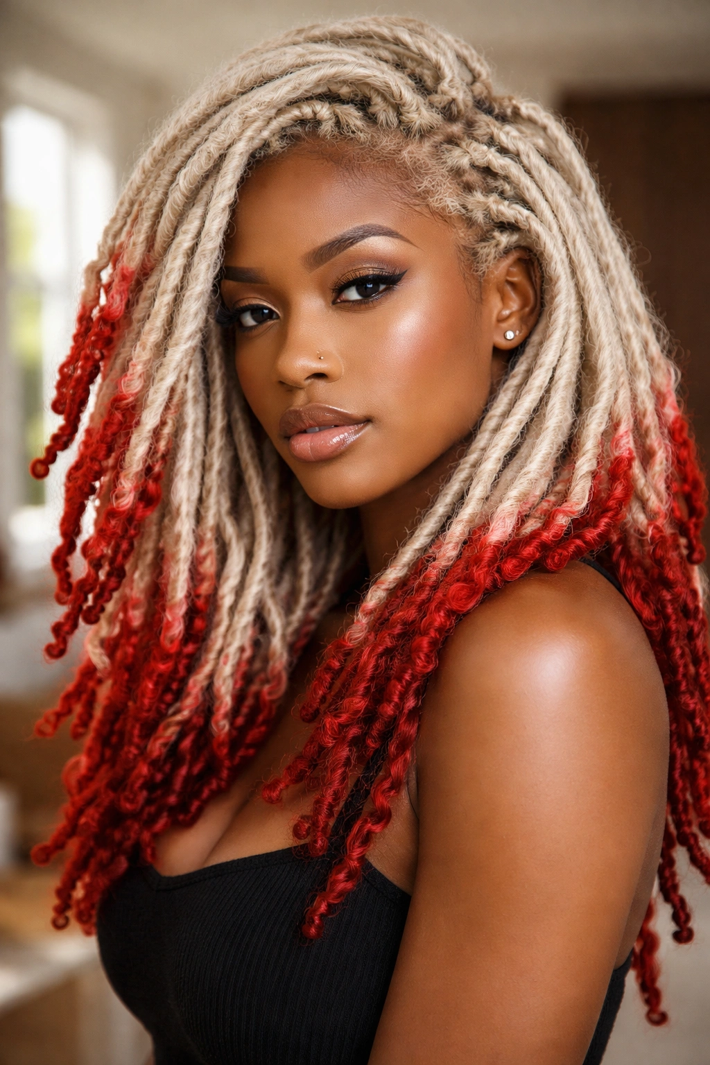 Close-up portrait of a real person with platinum blonde locs and red tips