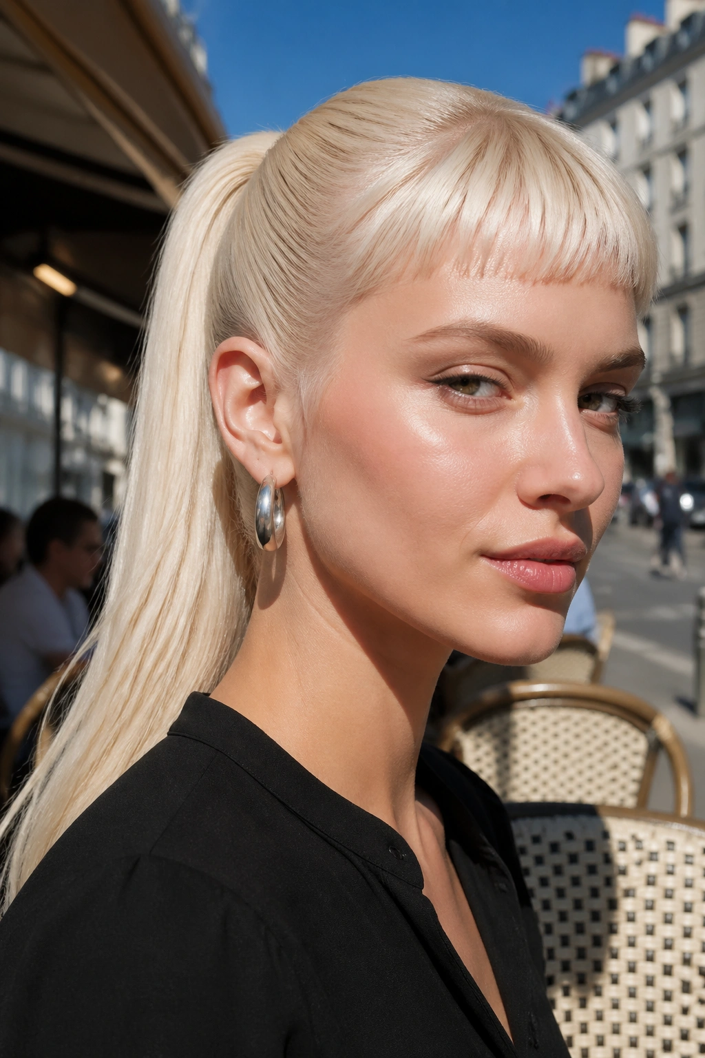 Close-up portrait of a real woman with a platinum blonde ponytail and baby bangs, bright daylight