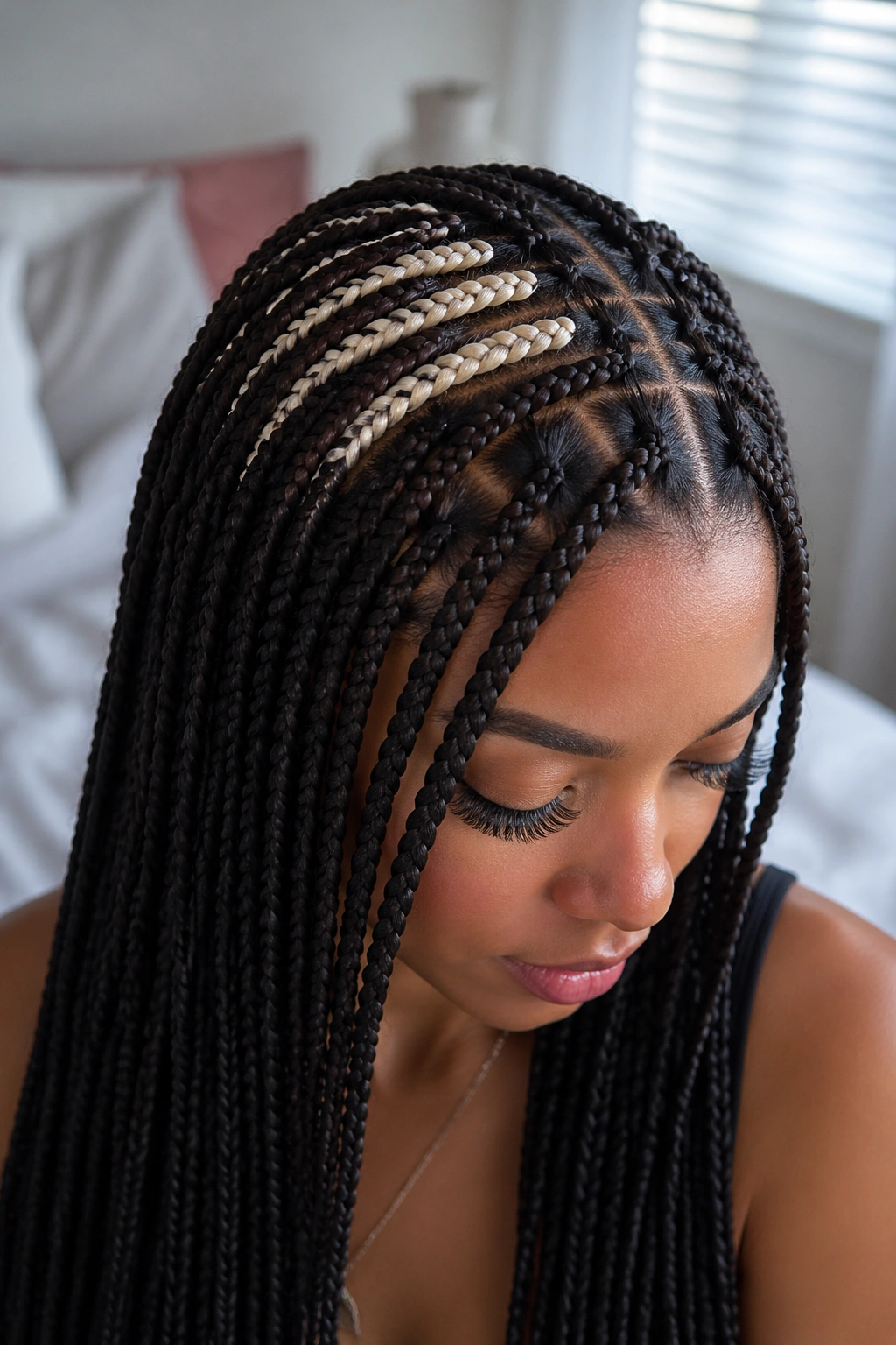 Portrait of a real person with platinum blonde crown slivers under dark braids